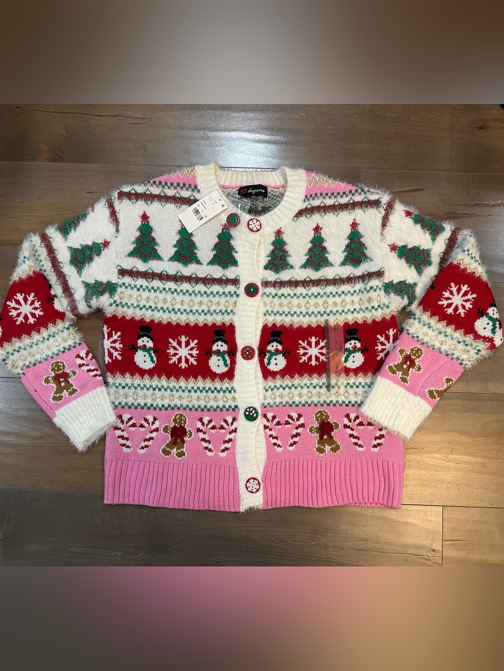 Women’s Festive Pink & White Holiday Cardigan Sweater
